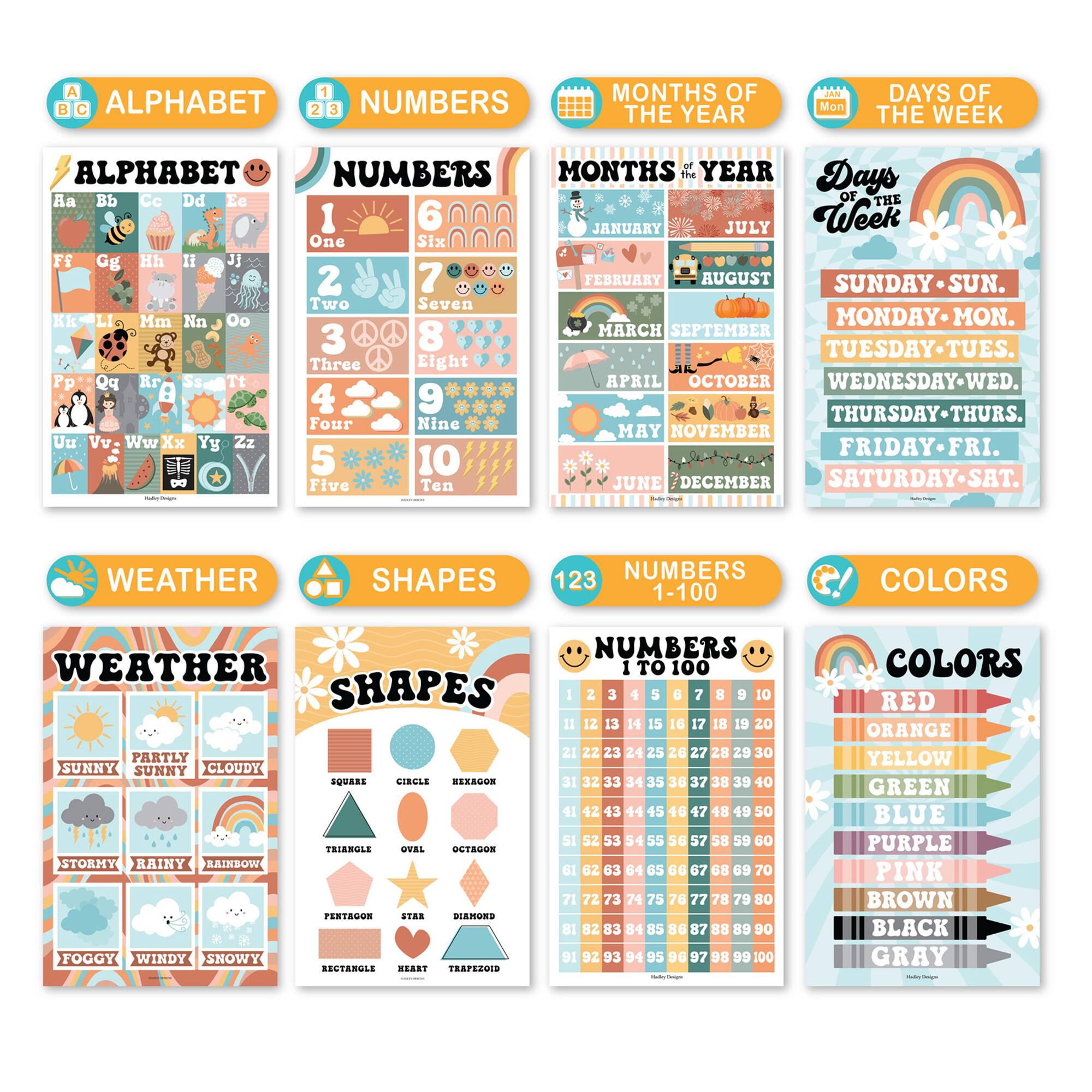 Hadley Designs 11" x 17" Designs Retro Boho Preschool Educational Laminated Posters Set